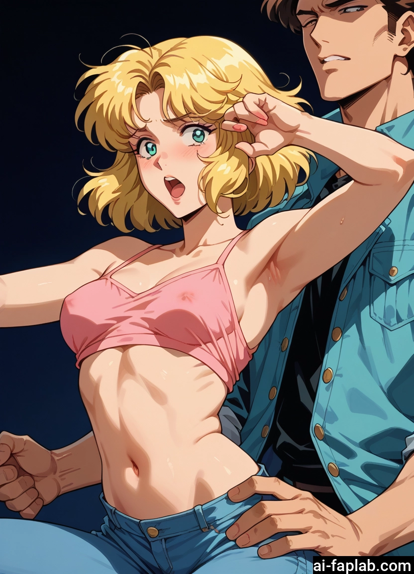 1girl, blonde hair, 1boy, breasts, navel, armpits