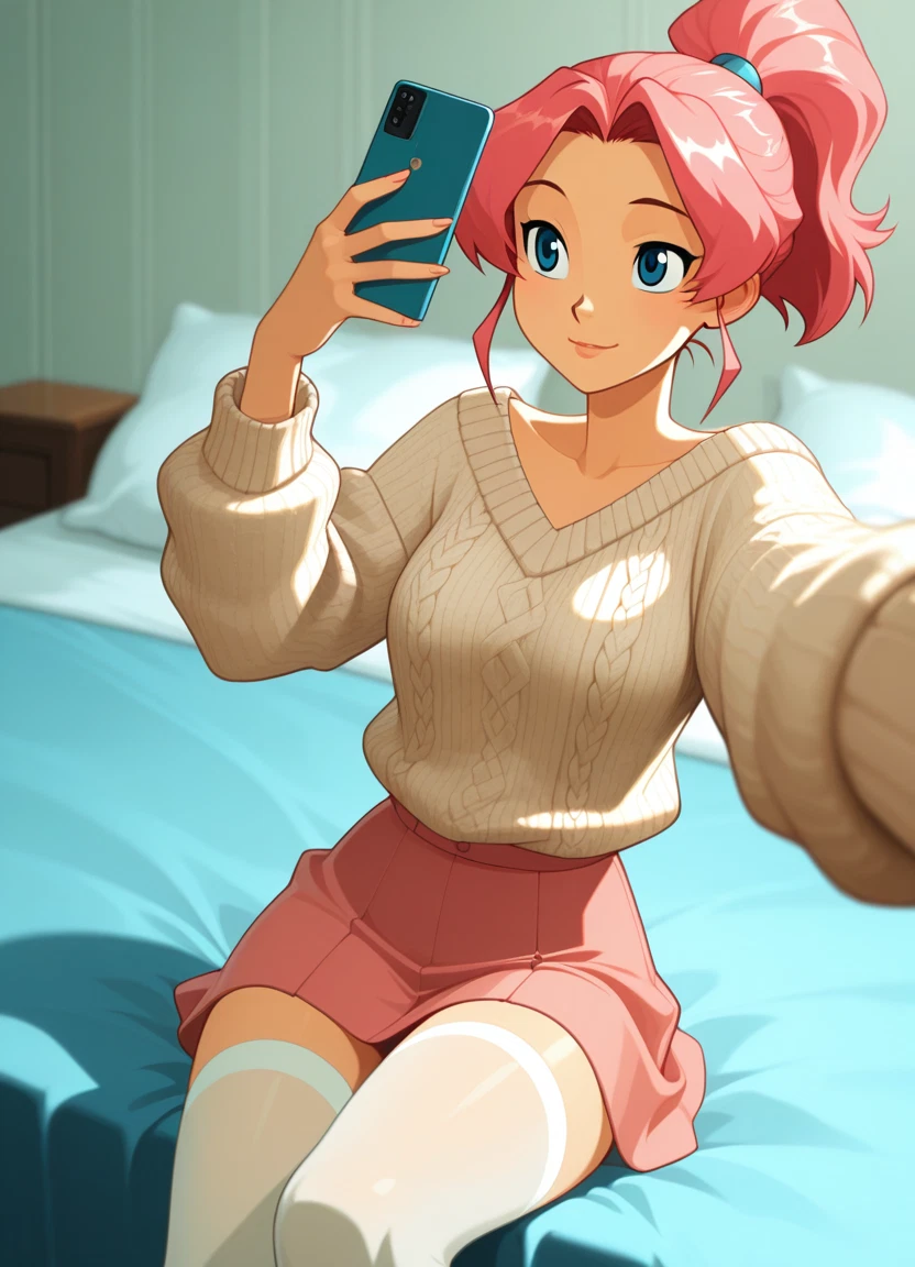1girl, selfie, solo, skirt, thighhighs, phone