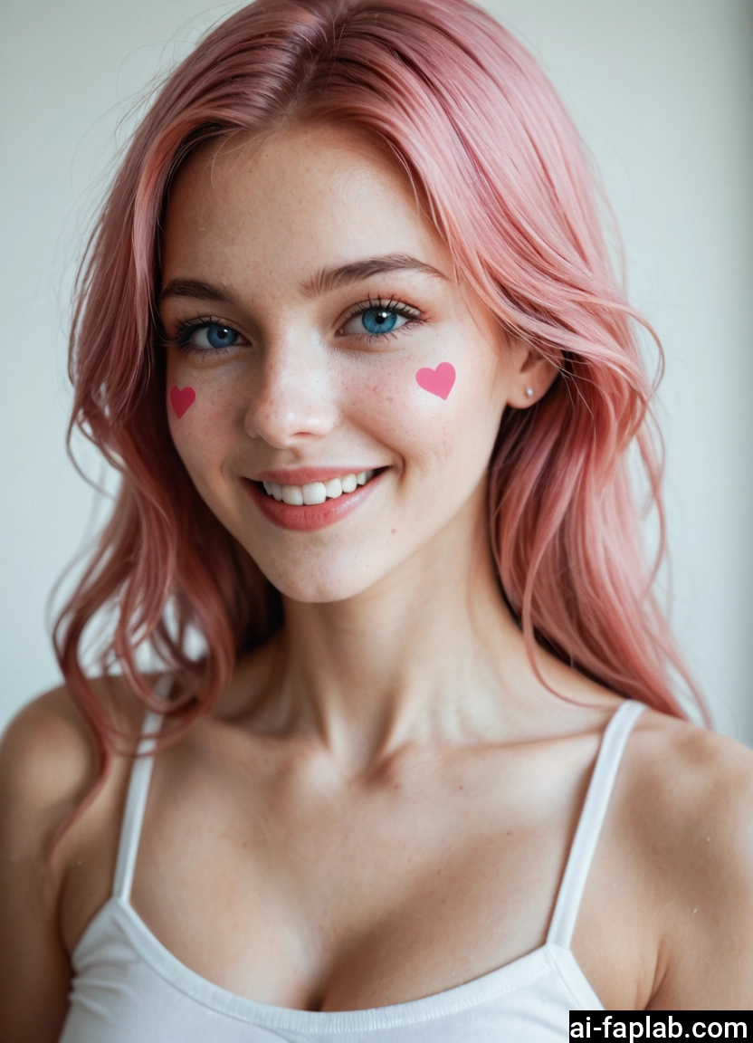 1girl, solo, pink hair, smile, heart, blue eyes