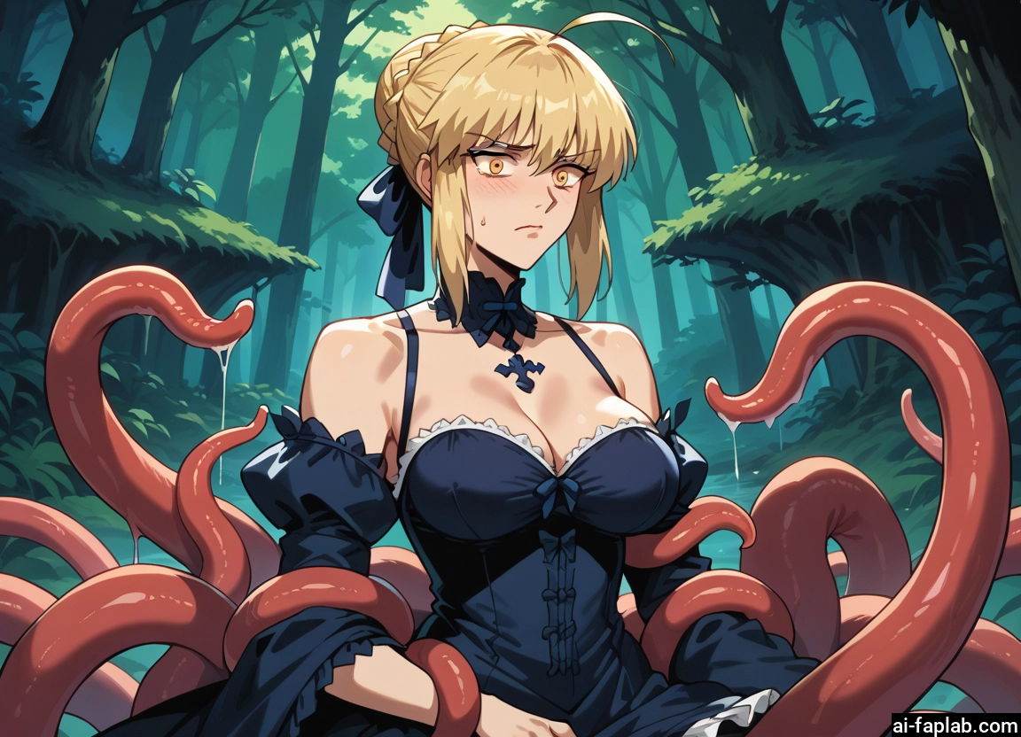 1girl, breasts, tentacles, blonde hair, dress, yellow eyes