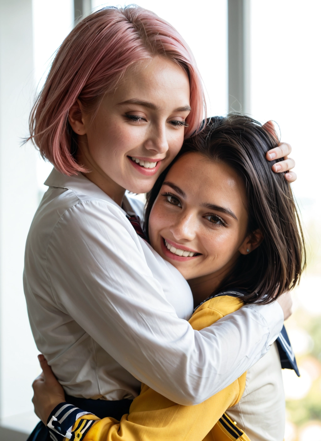 multiple girls, 2girls, hug, smile, school uniform, pink hair · Yamete.gg