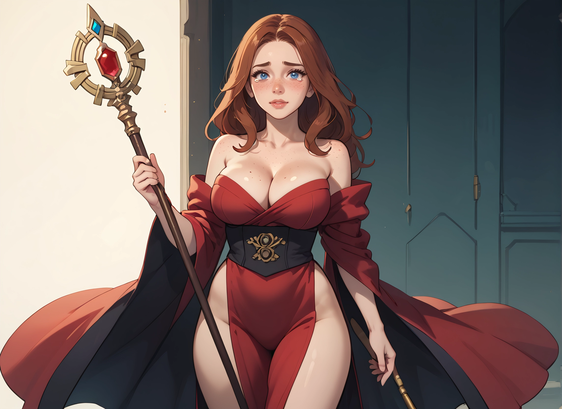 1girl, breasts, blue eyes, staff, cleavage, solo · Yamete.gg