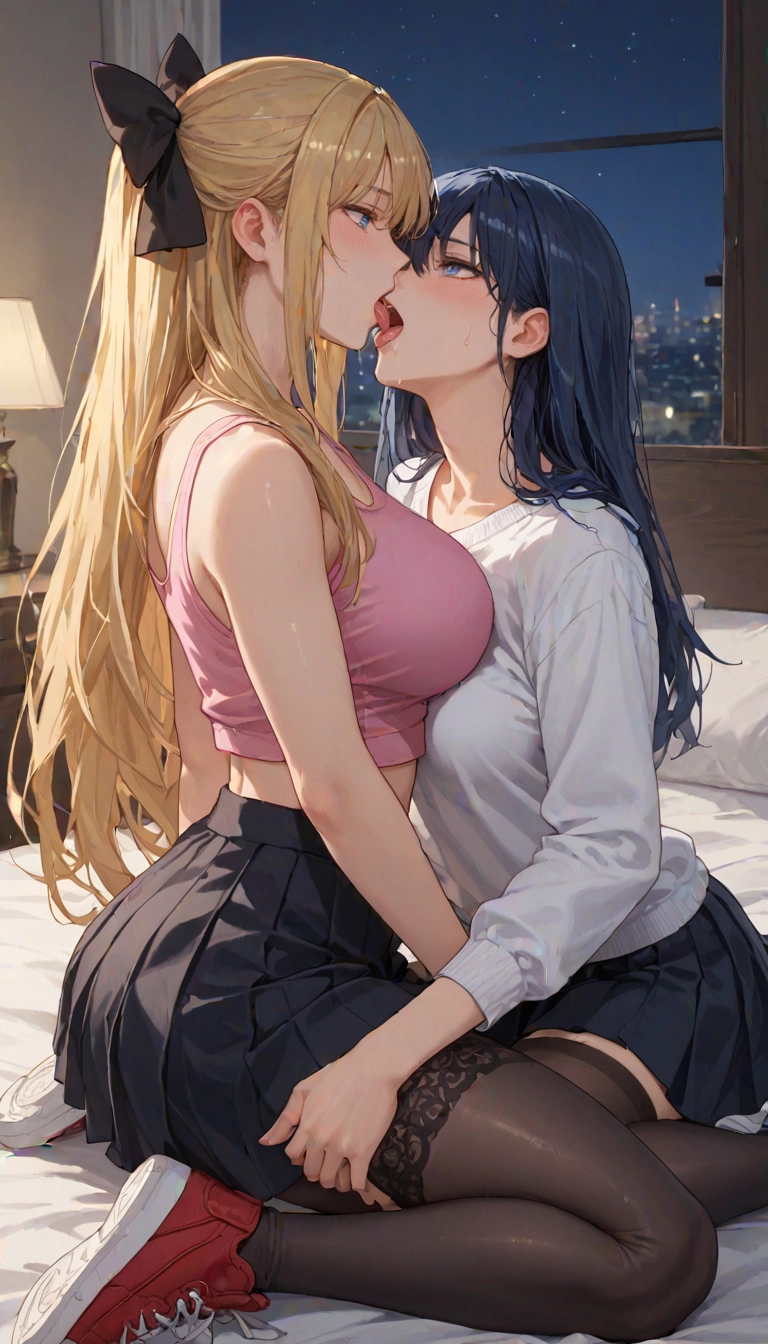 skirt, thighhighs, multiple girls, 2girls, tongue, black skirt · Yamete.gg