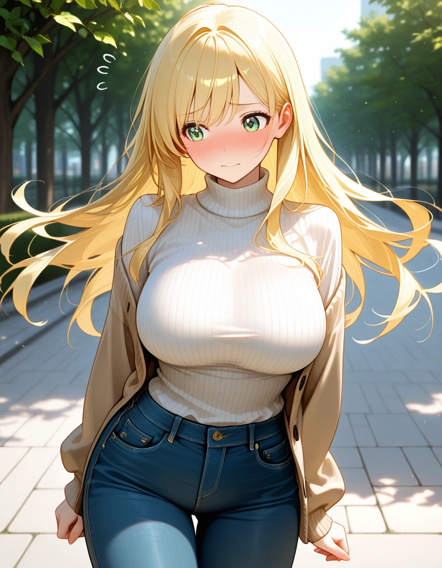 1girl, blonde hair, solo, long hair, breasts, denim · Yamete.gg