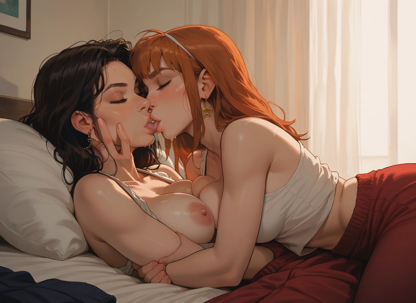 multiple girls, 2girls, breasts, yuri, nipples, kiss · Yamete.gg