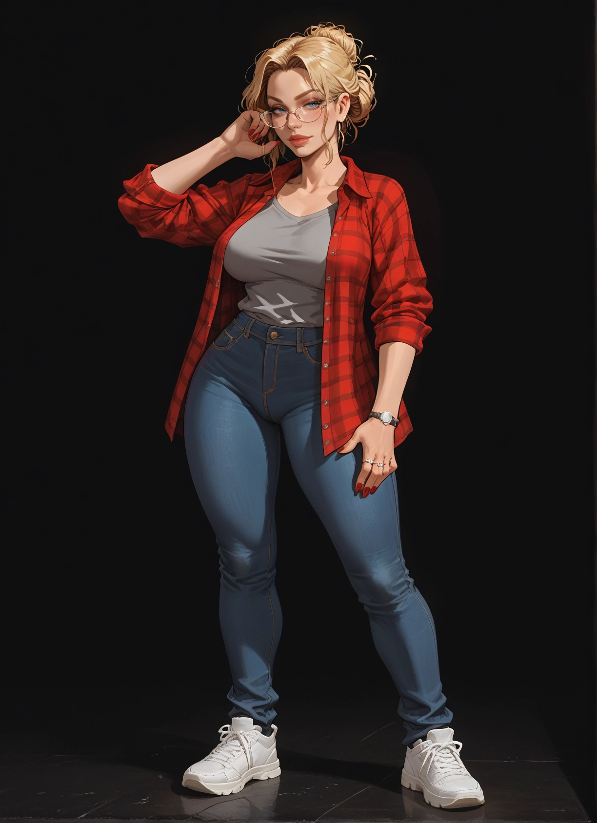 1girl, blonde hair, pants, blue eyes, breasts, glasses · Yamete.gg