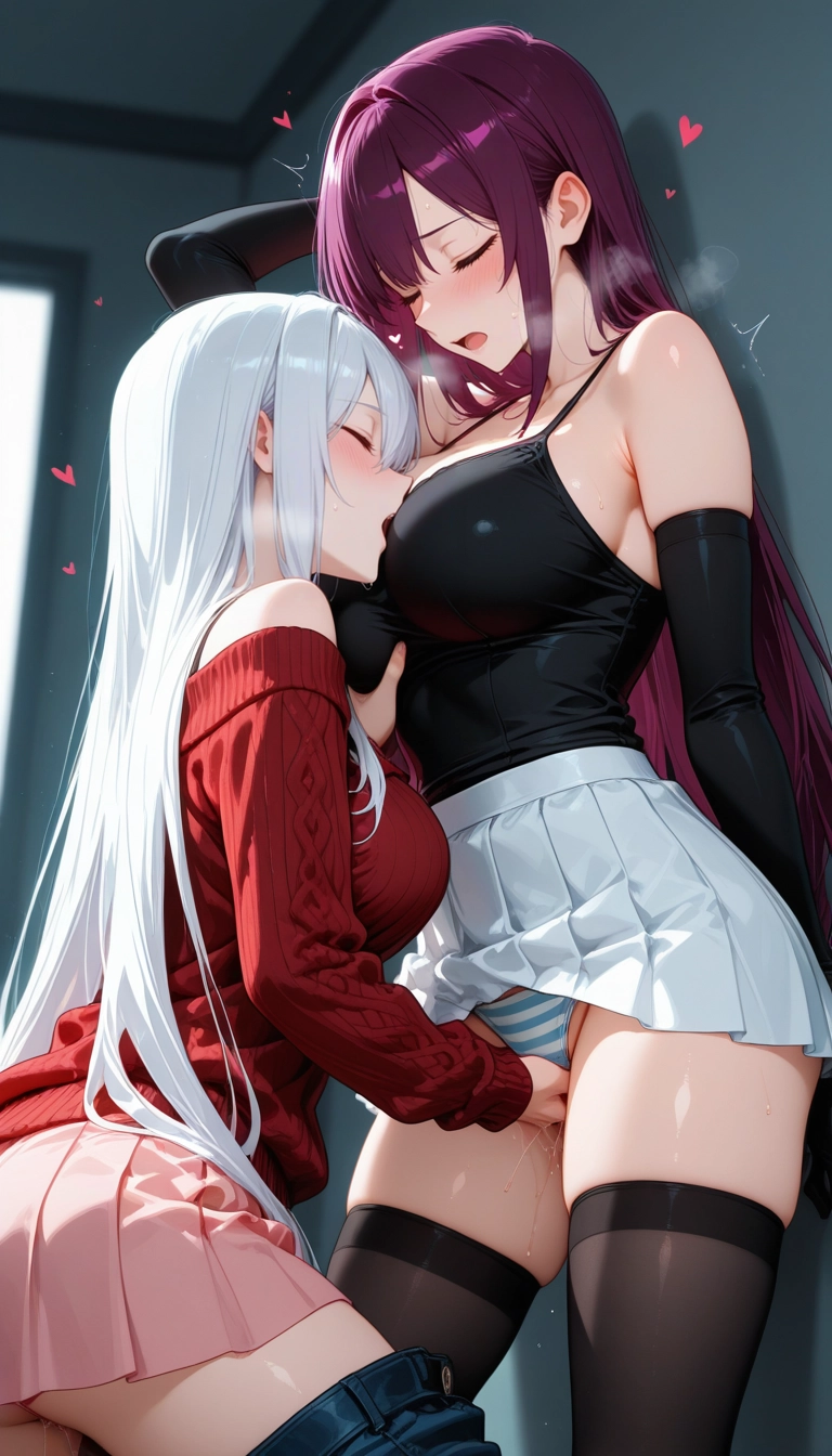 striped panties, skirt, breasts, multiple girls, striped, thighhighs · Yamete.gg