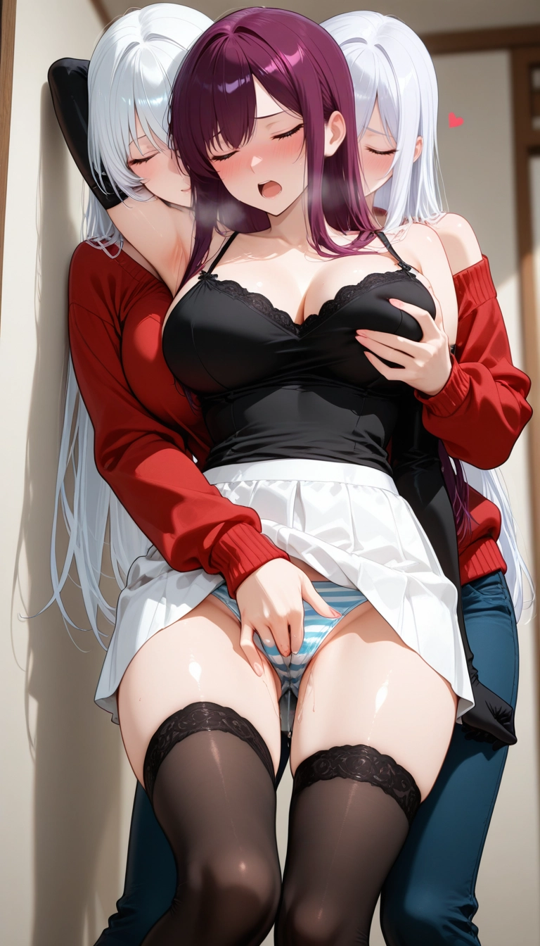 breasts, multiple girls, striped panties, yuri, striped, thighhighs · Yamete.gg