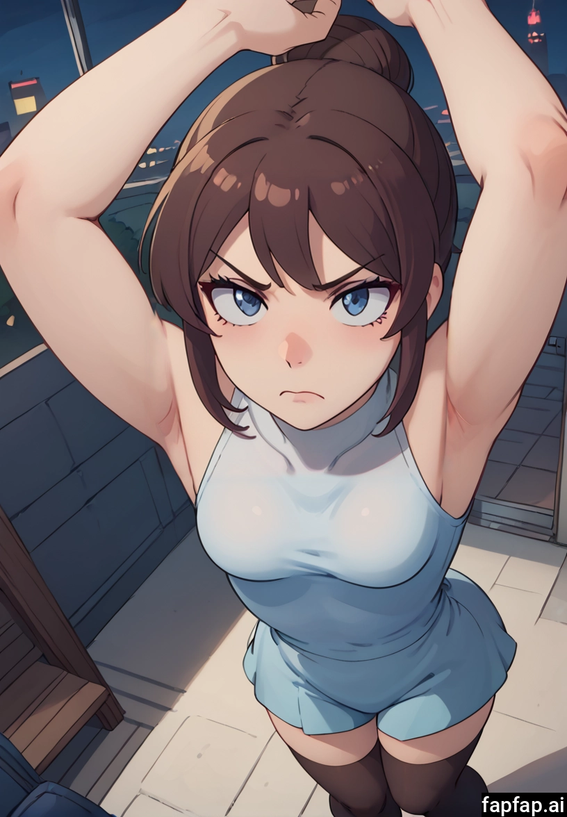 1girl, brown hair, thighhighs, armpits, solo, blue eyes