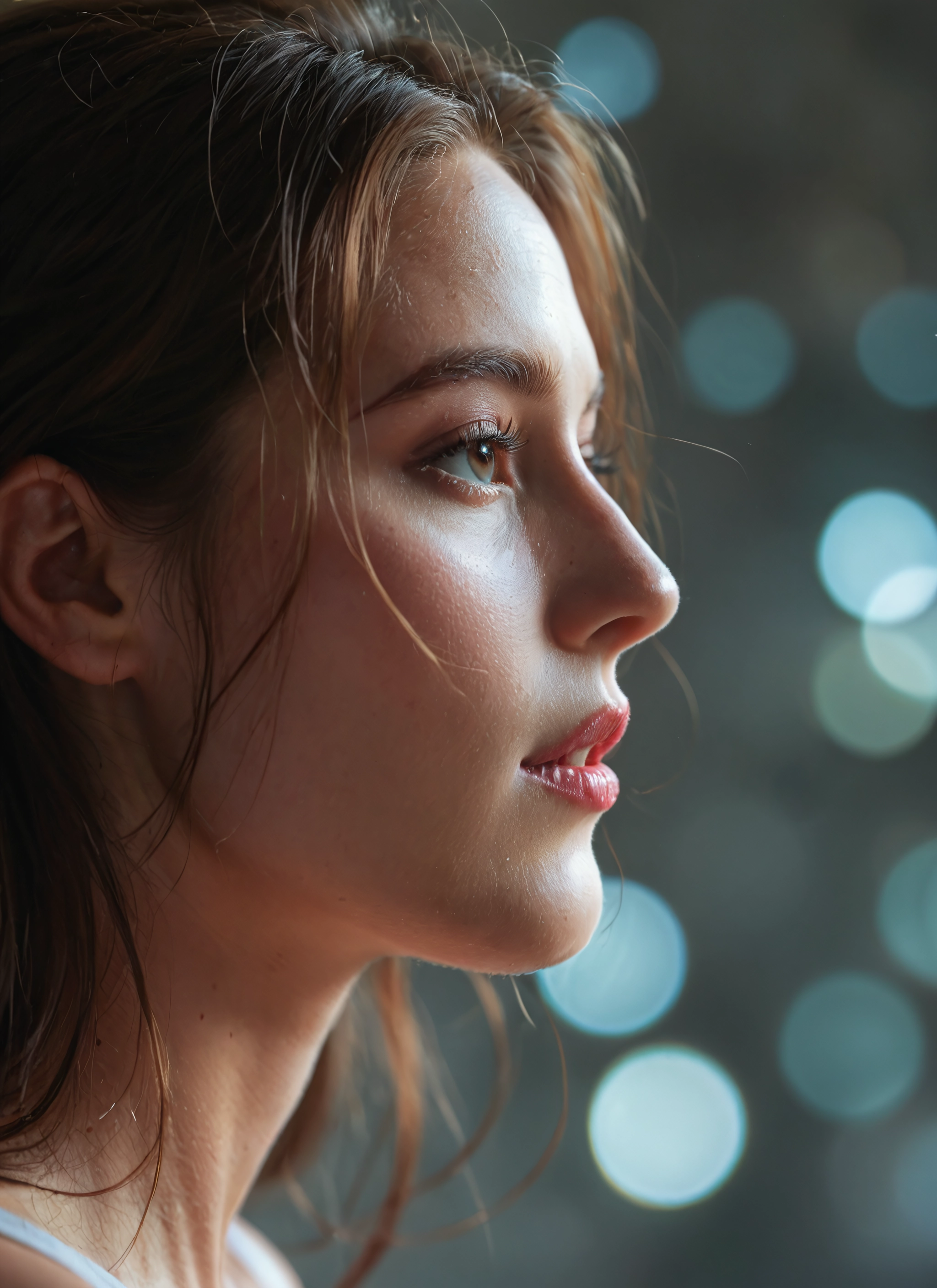 1girl, solo, realistic, profile, lips, blurry · Yamete.gg