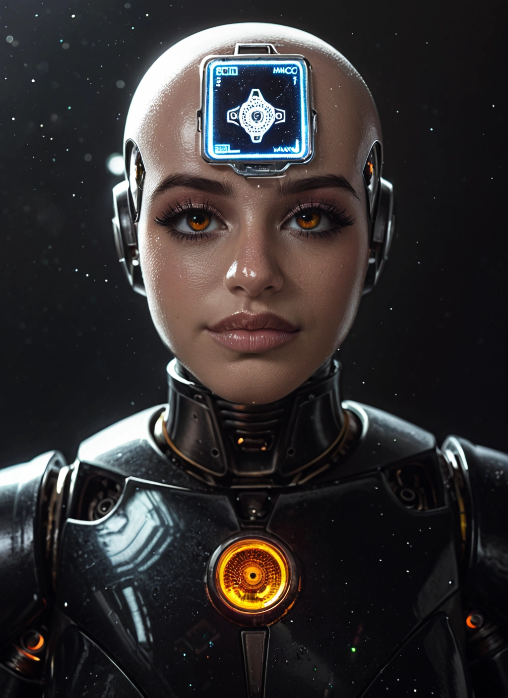 solo, 1girl, bald, science fiction, lips, bald girl