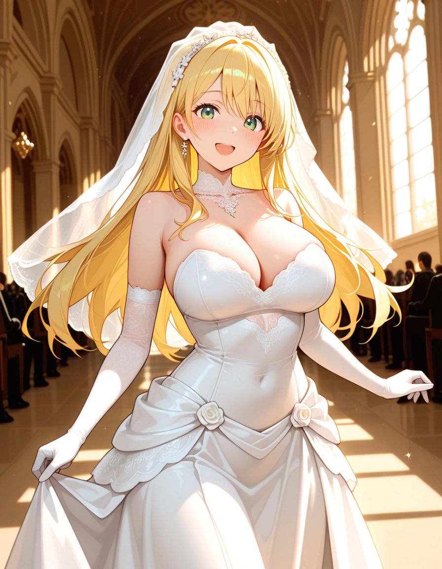 breasts, 1girl, blonde hair, dress, green eyes, gloves · Yamete.gg