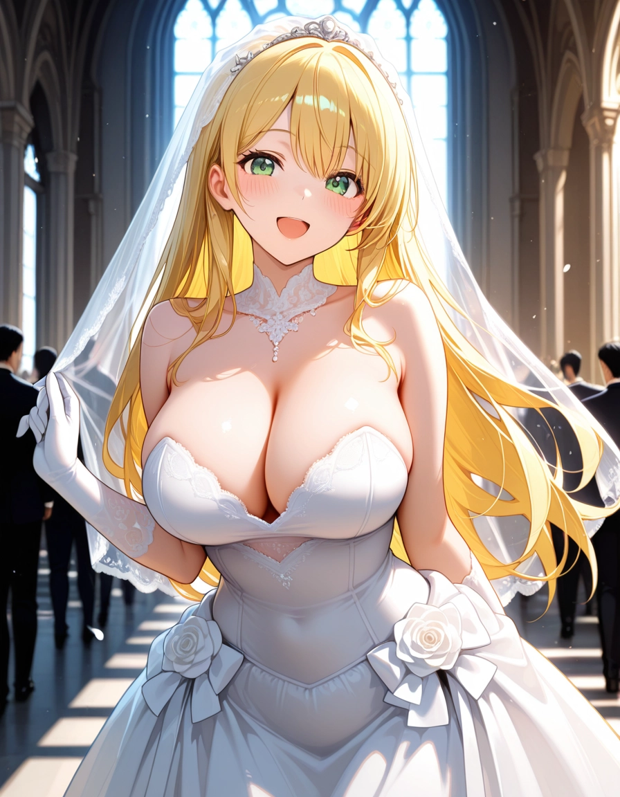 breasts, 1girl, blonde hair, green eyes, dress, veil · Yamete.gg