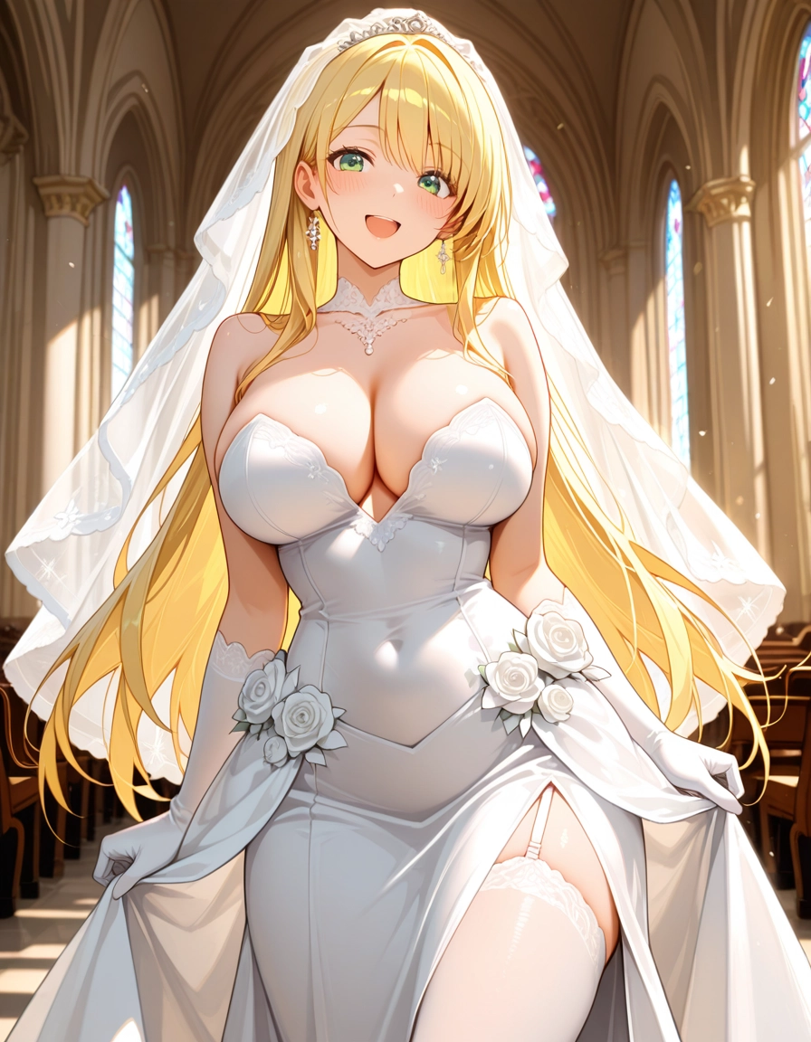 1girl, breasts, blonde hair, dress, green eyes, veil · Yamete.gg