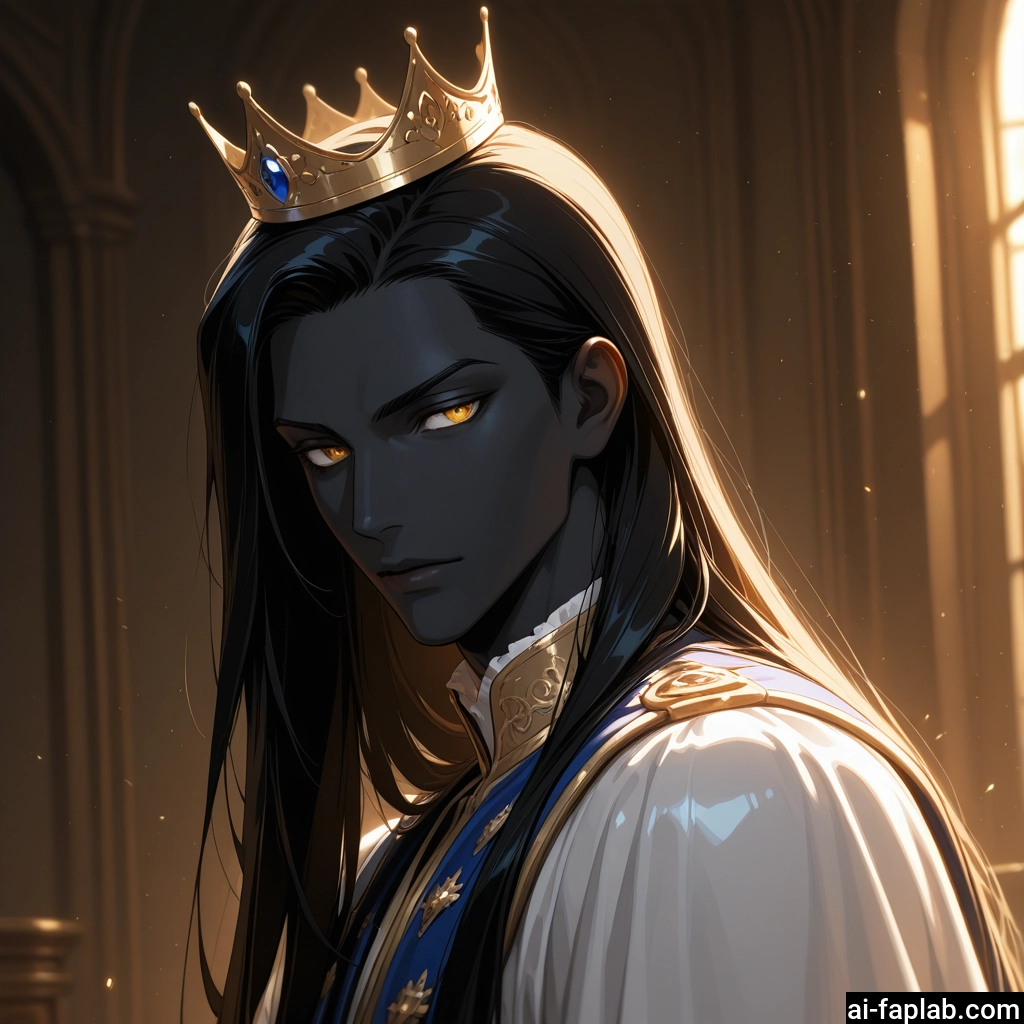 1boy, male focus, long hair, crown, solo, black hair