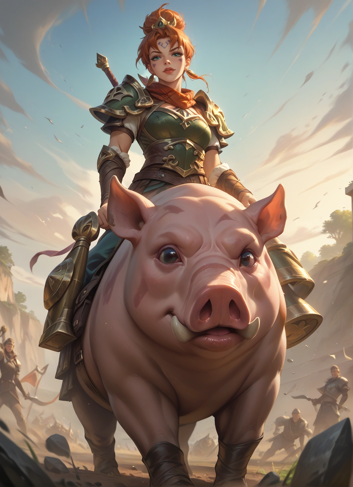 armor, 1girl, weapon, facial mark, riding, pig · Yamete.gg