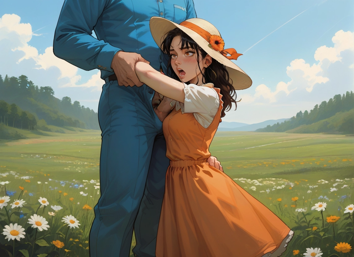 1girl, hat, outdoors, flower, dress, 1boy · Yamete.gg