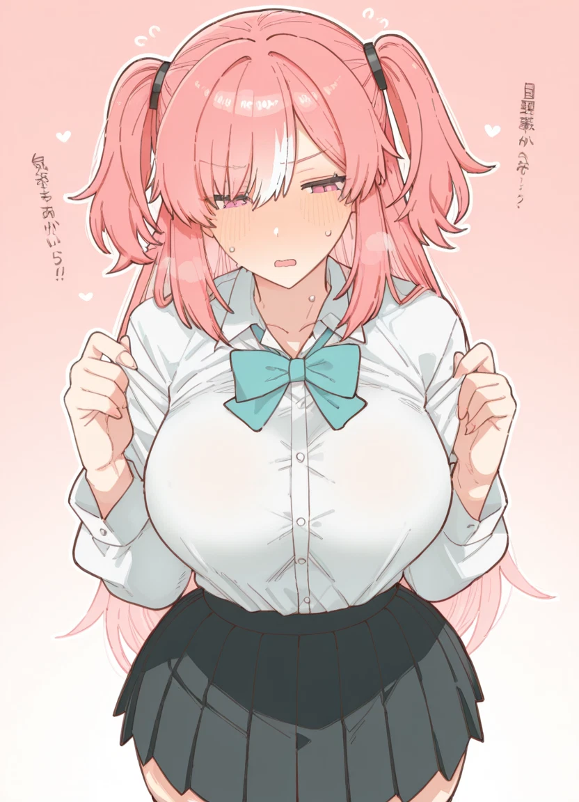 1girl, solo, breasts, skirt, pink hair, shirt