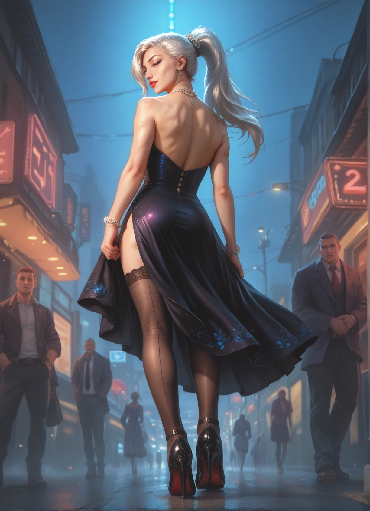 dress, high heels, thighhighs, jewelry, bracelet, earrings · Yamete.gg