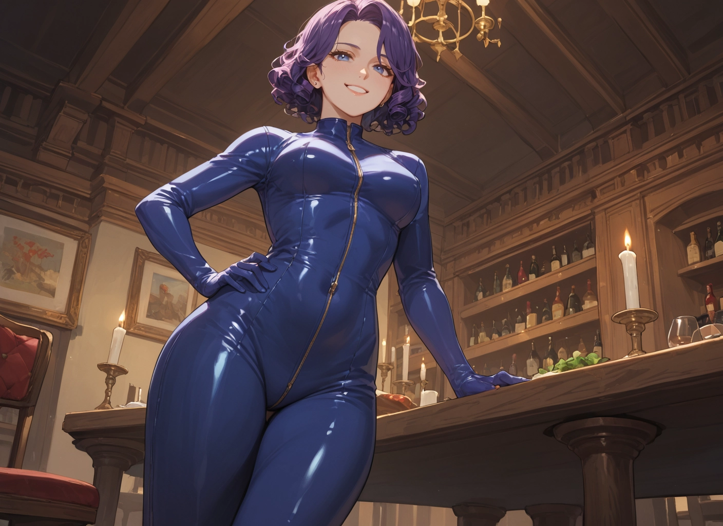 1girl, purple hair, solo, smile, hand on hip, indoors · Yamete.gg