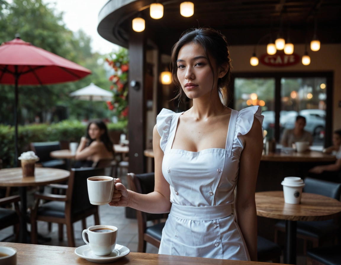 cup, breasts, apron, realistic, cafe, multiple girls · Yamete.gg