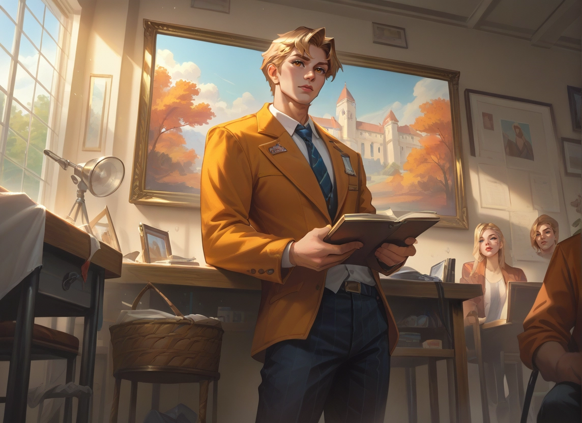 book, necktie, jacket, pants, belt, window · Yamete.gg