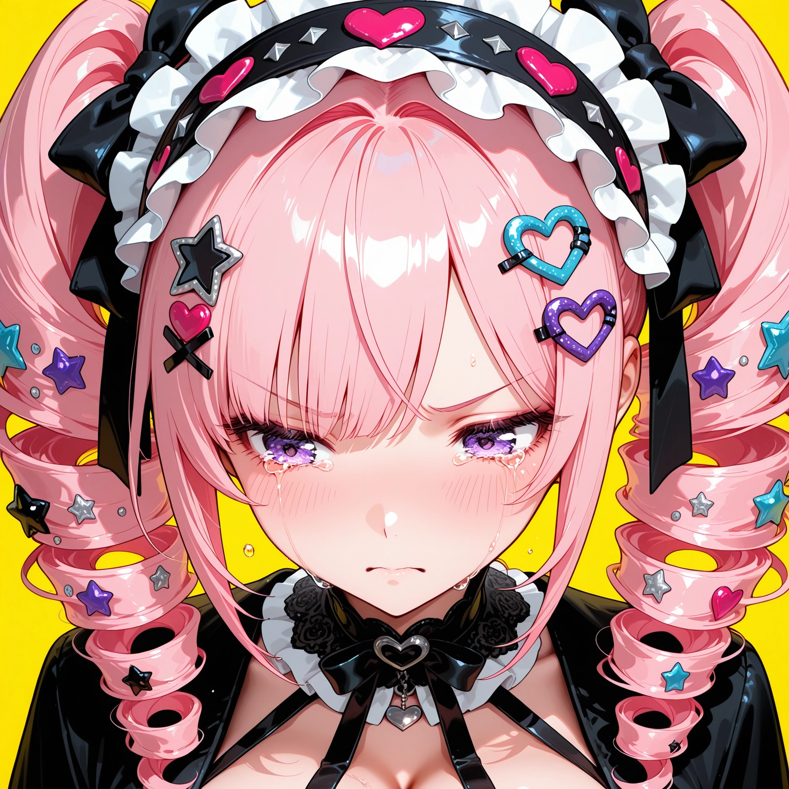 1girl, solo, pink hair, hair ornament, drill hair, breasts · Yamete.gg