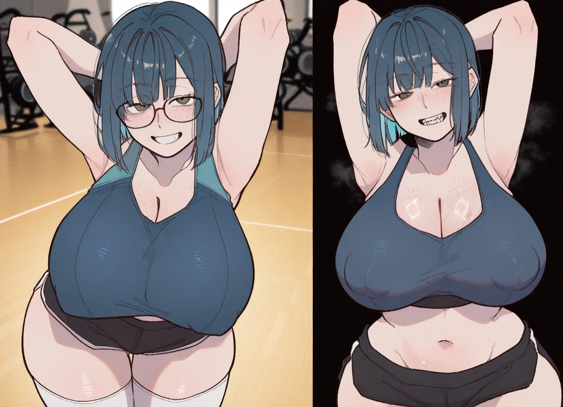 breasts, 1girl, freckles, smile, glasses, shorts · Yamete.gg