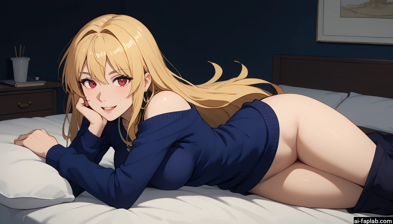 1girl, long hair, blonde hair, red eyes, solo, lying · Yamete.gg