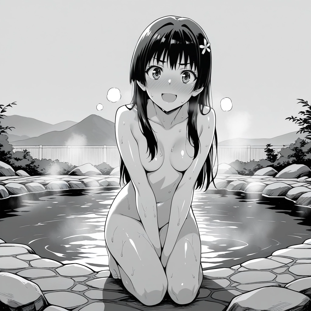 1girl, nude, completely nude, monochrome, greyscale, saten ruiko · Yamete.gg