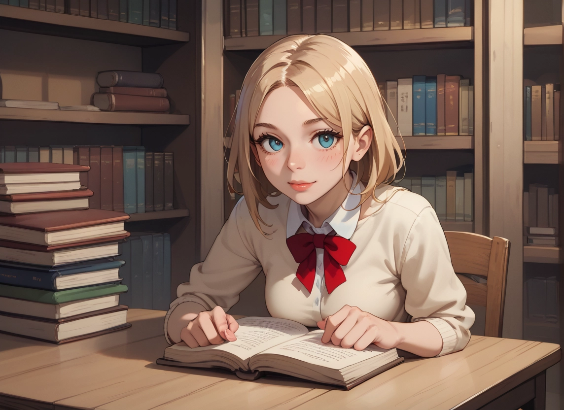 1girl, book, solo, blue eyes, bookshelf, looking at viewer · Yamete.gg