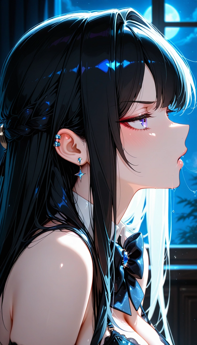 1girl, solo, jewelry, black hair, earrings, breasts · Yamete.gg