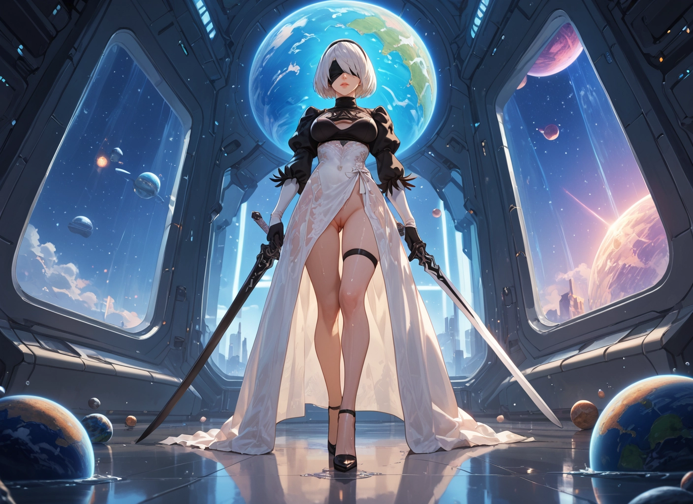 1girl, weapon, blindfold, sword, solo, dress · Yamete.gg