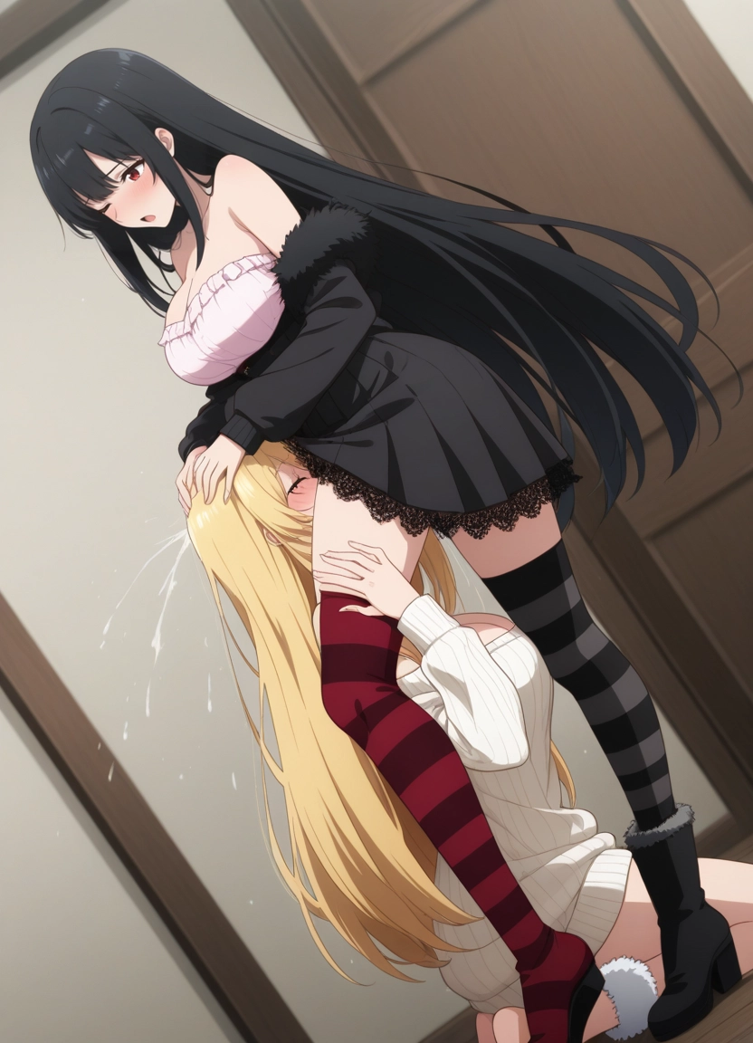 oral, multiple girls, 2girls, breasts, long hair, thighhighs