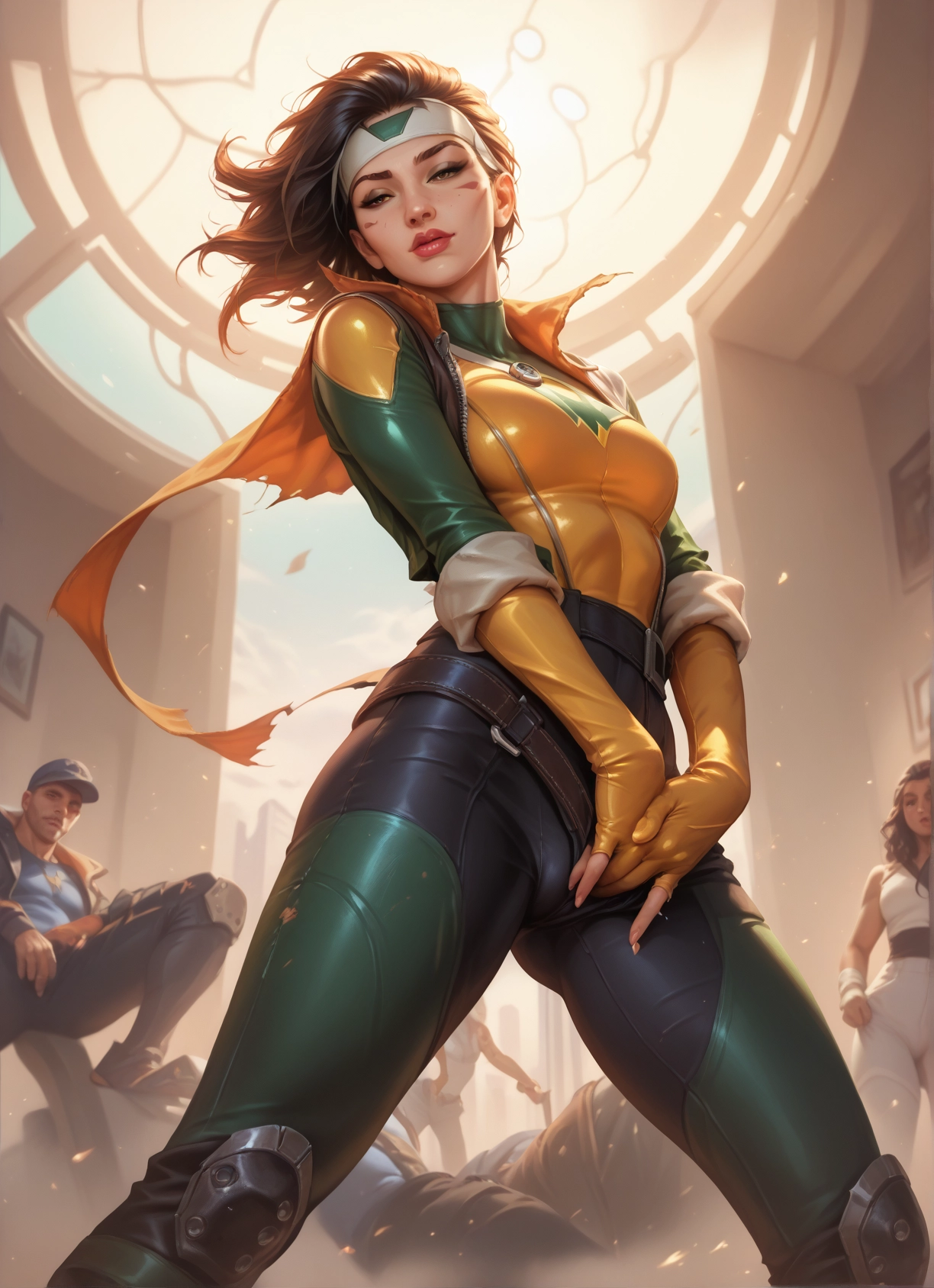 gloves, headband, bodysuit, breasts, fingerless gloves, multiple girls · Yamete.gg