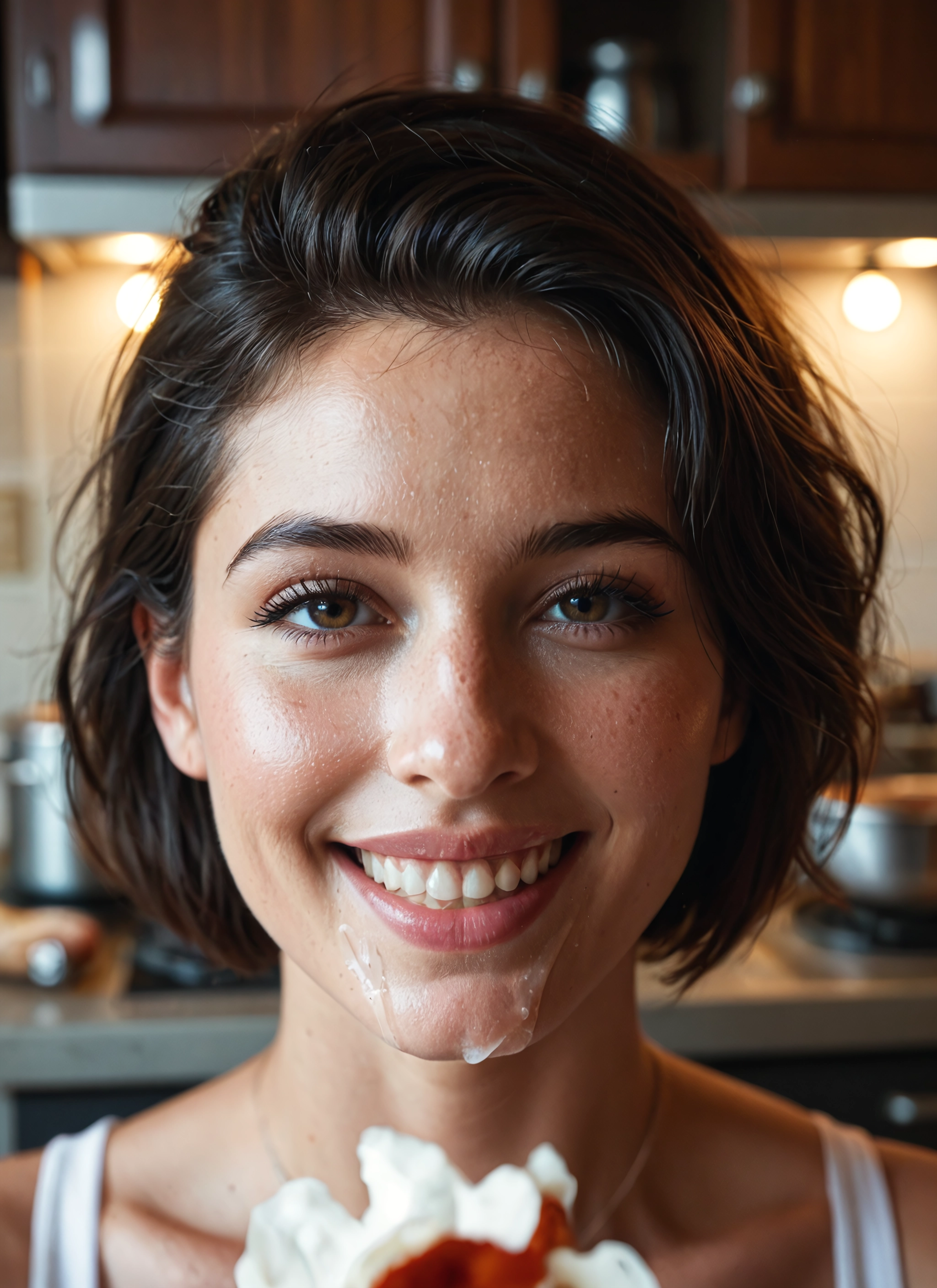 1girl, solo, food, brown eyes, smile, teeth · Yamete.gg