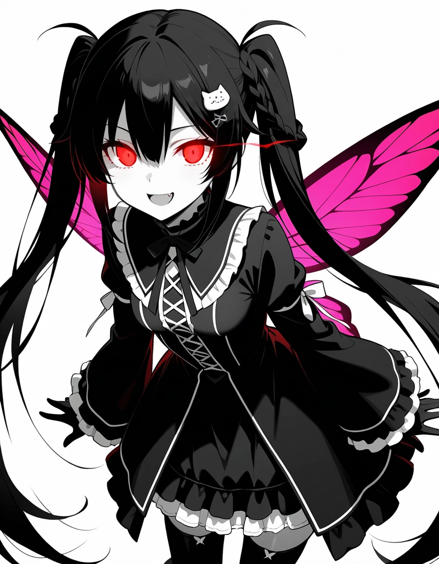 1girl, red eyes, solo, black hair, twintails, wings · Yamete.gg