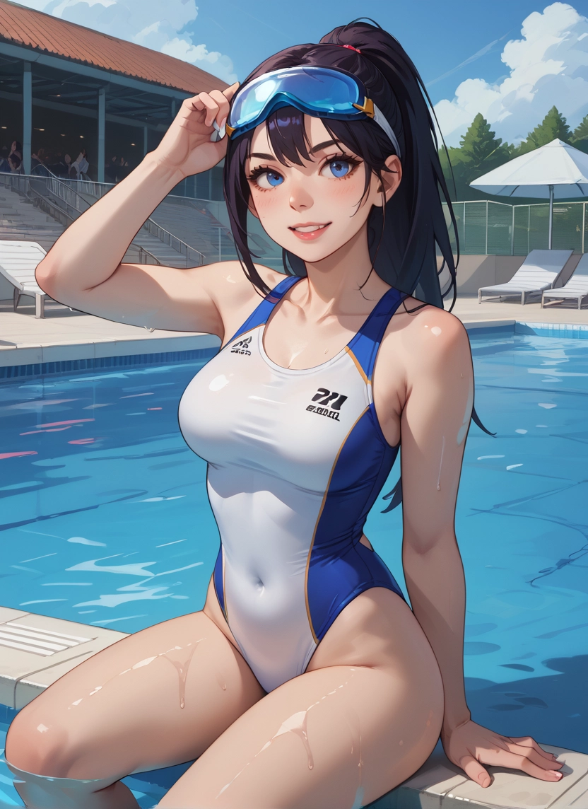 swimsuit, one-piece swimsuit, blue eyes, breasts, goggles, pool · Yamete.gg