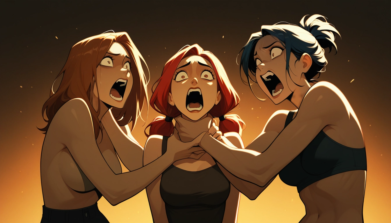 multiple girls, 3girls, breasts, open mouth, brown hair, red hair · Yamete.gg