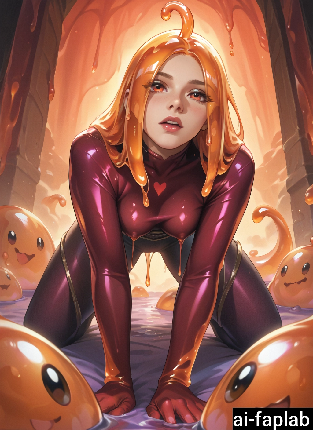 bodysuit, 1girl, breasts, all fours, slime (substance), latex · Yamete.gg