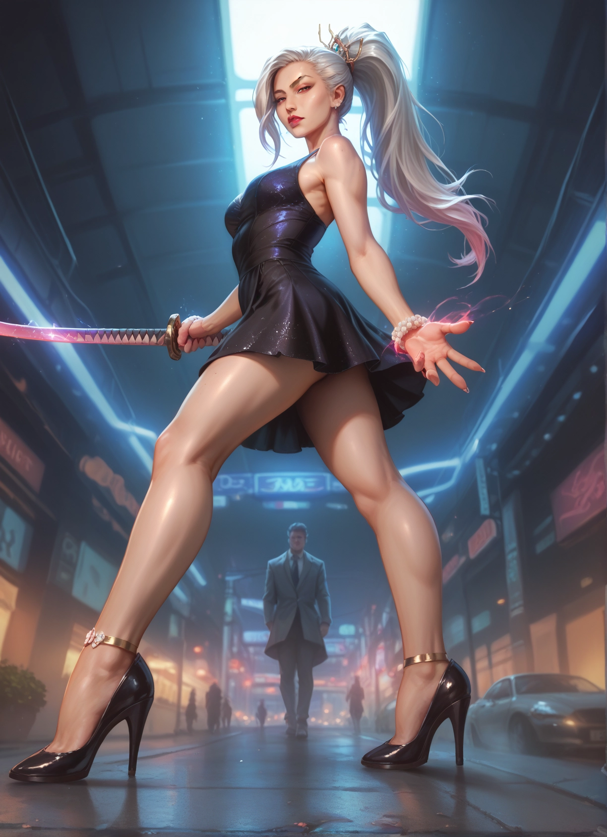 weapon, sword, 1girl, high heels, dress, ground vehicle · Yamete.gg