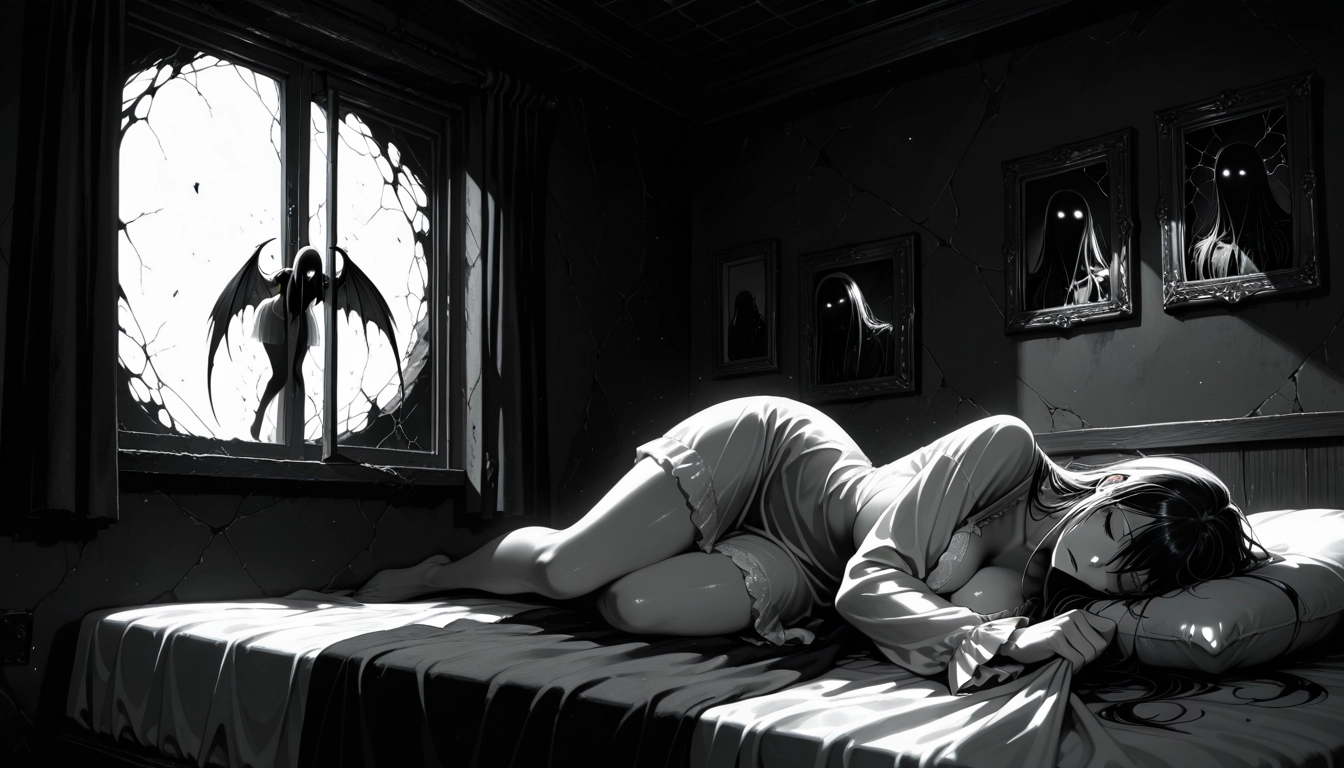 pillow, breasts, monochrome, on side, window, cracked wall · Yamete.gg