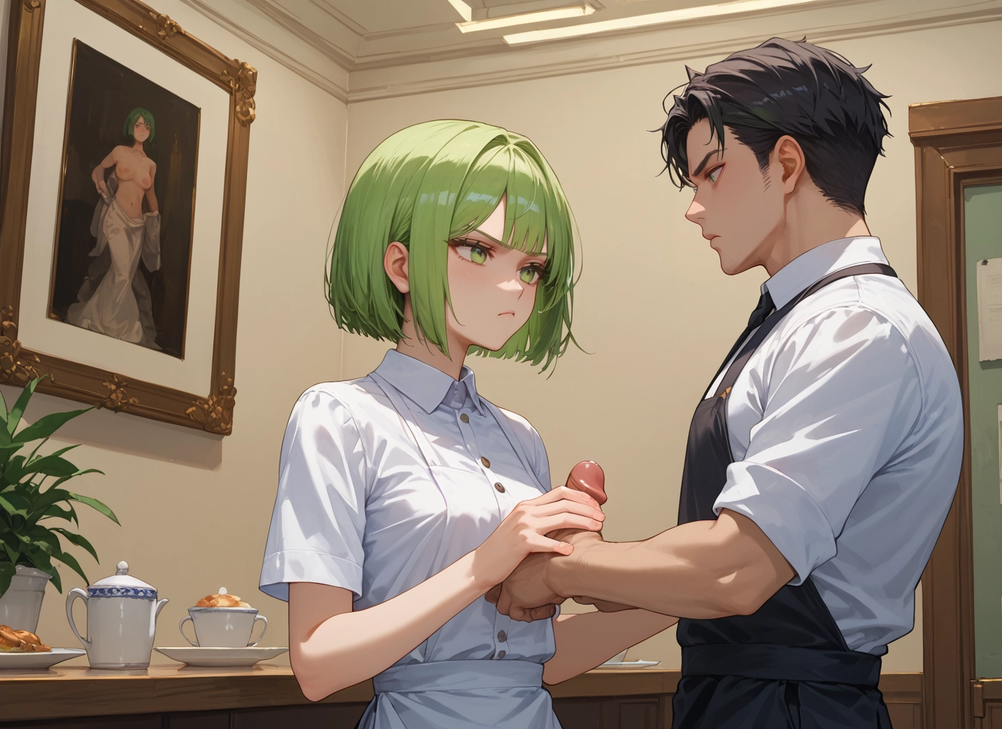 1girl, 1boy, short hair, black hair, green hair, short sleeves · Yamete.gg