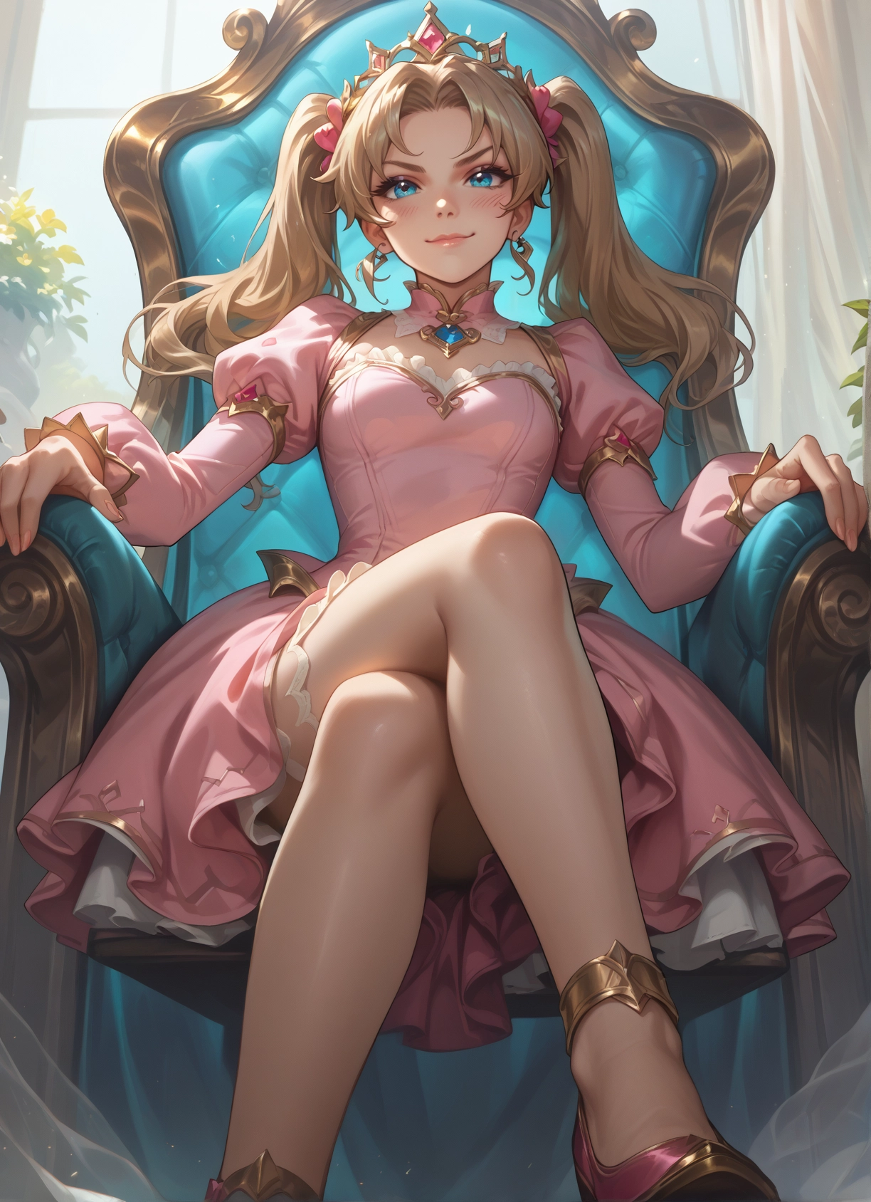 1girl, twintails, blonde hair, dress, blue eyes, sitting · Yamete.gg