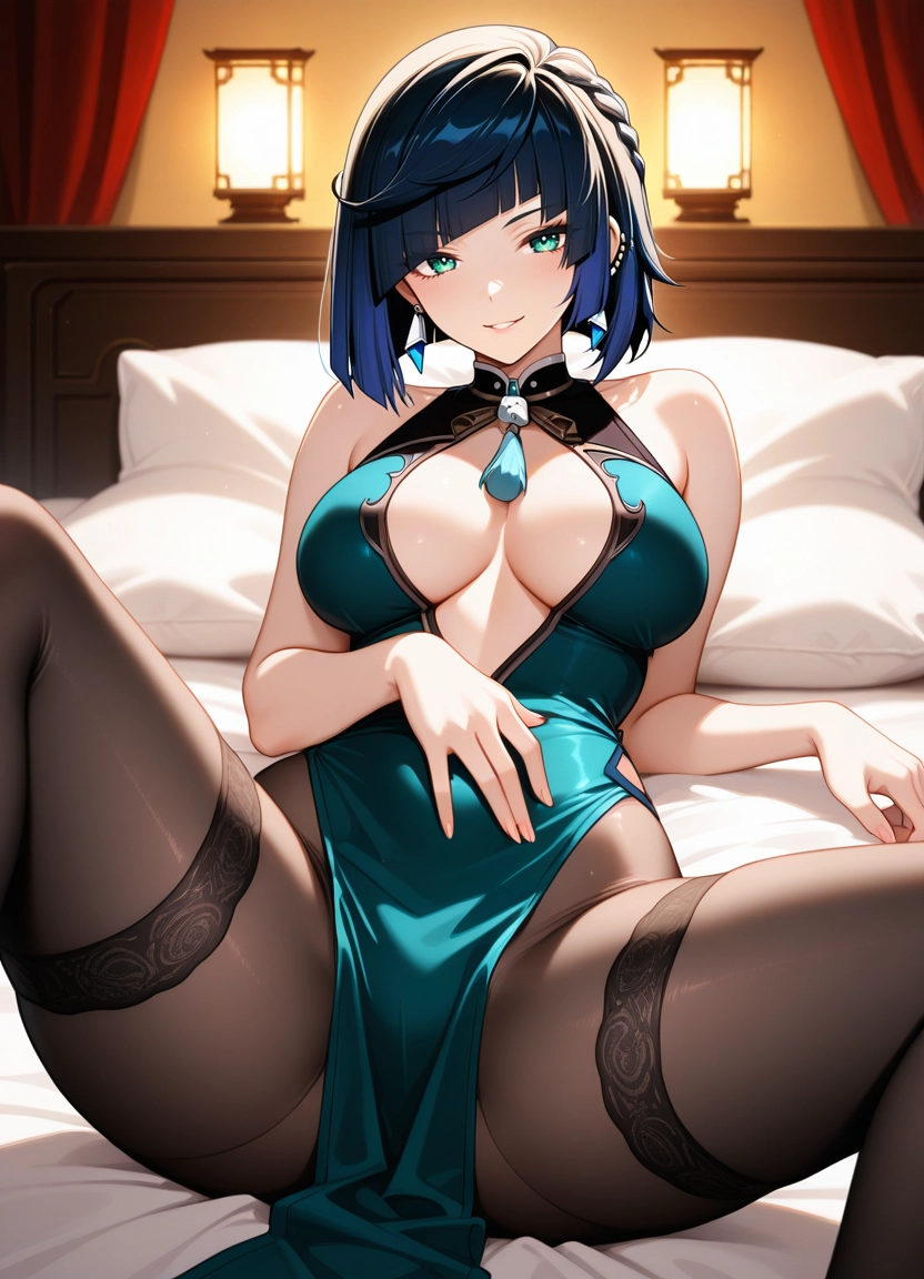 1girl, pelvic curtain, breasts, large breasts, solo, yelan (genshin impact)