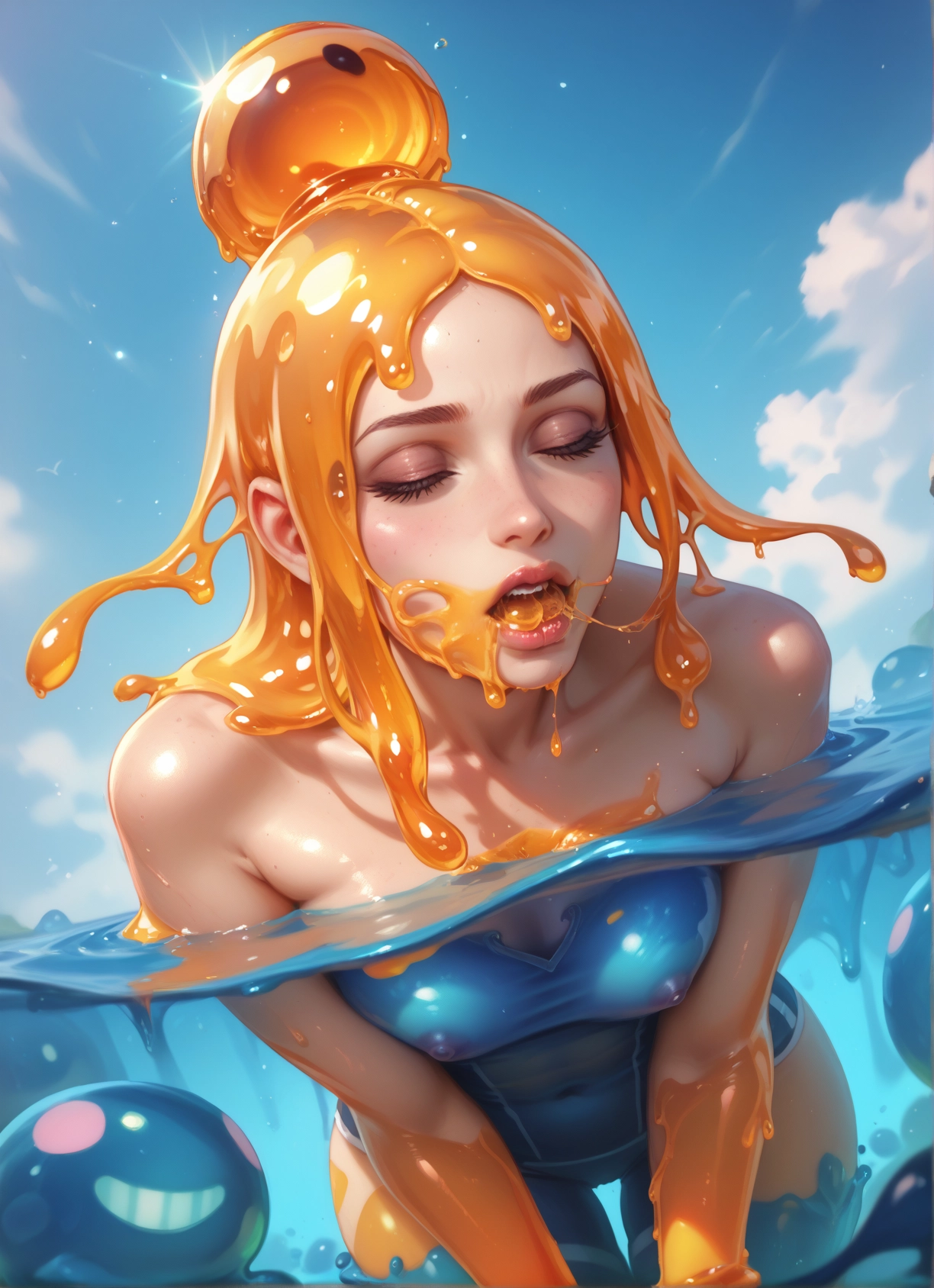 1girl, breasts, closed eyes, slime girl, day, solo · Yamete.gg