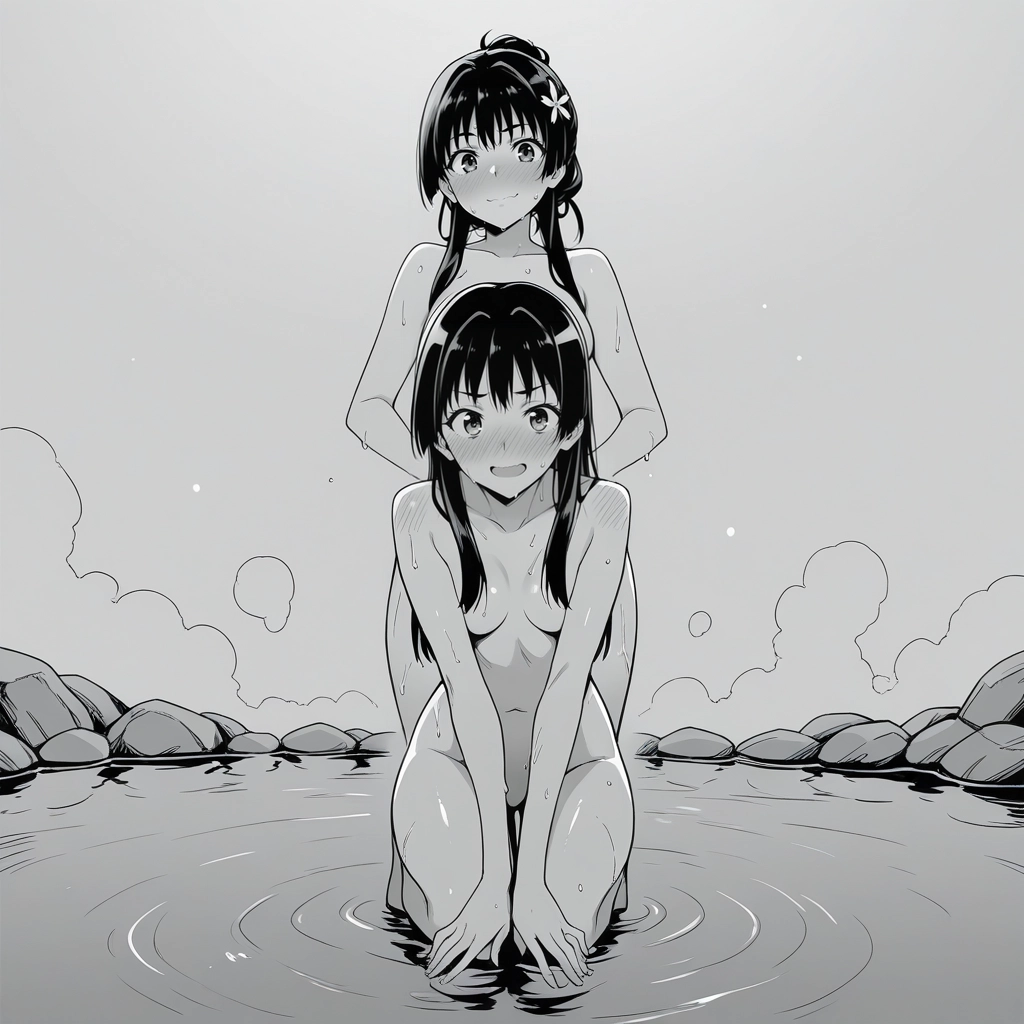 saten ruiko, greyscale, monochrome, multiple girls, nude, 2girls · Yamete.gg