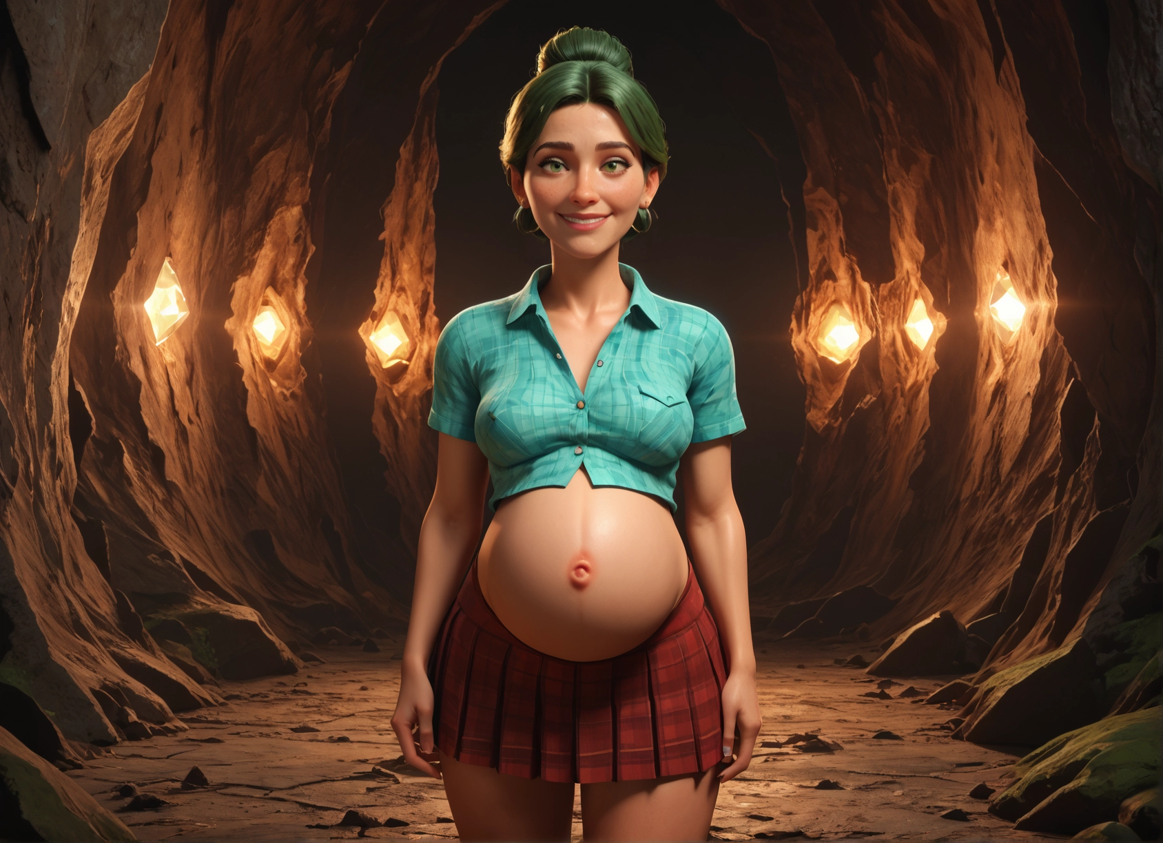 1girl, solo, skirt, pregnant, smile, navel · Yamete.gg