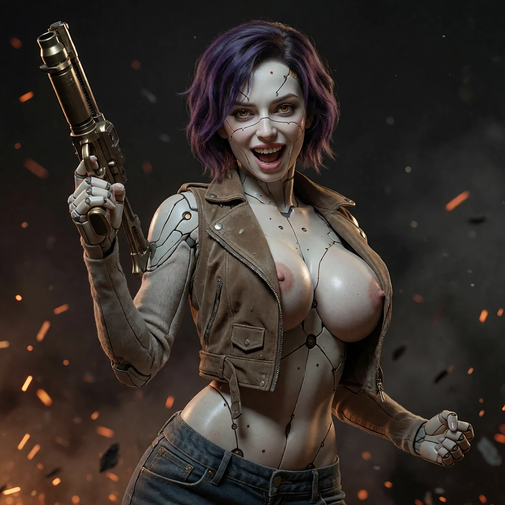 1girl, breasts, weapon, nipples, solo, embers · Yamete.gg