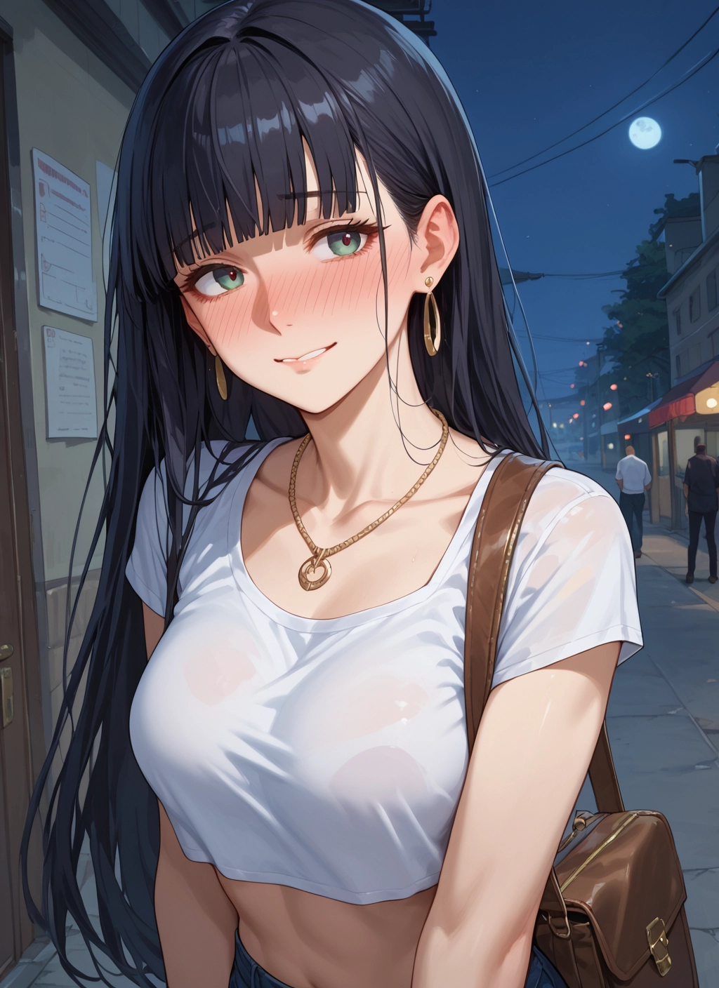 jewelry, long hair, earrings, blush, bag, breasts · Yamete.gg